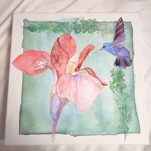 Hummingbird & Iris Handpainted Pastel Watercolor on Canvas by Shell Rummel